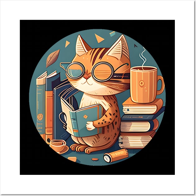 Foodilicious - Cat Caffeine Addiction Coffee Reading Book Wall Art by Danielle Shipp